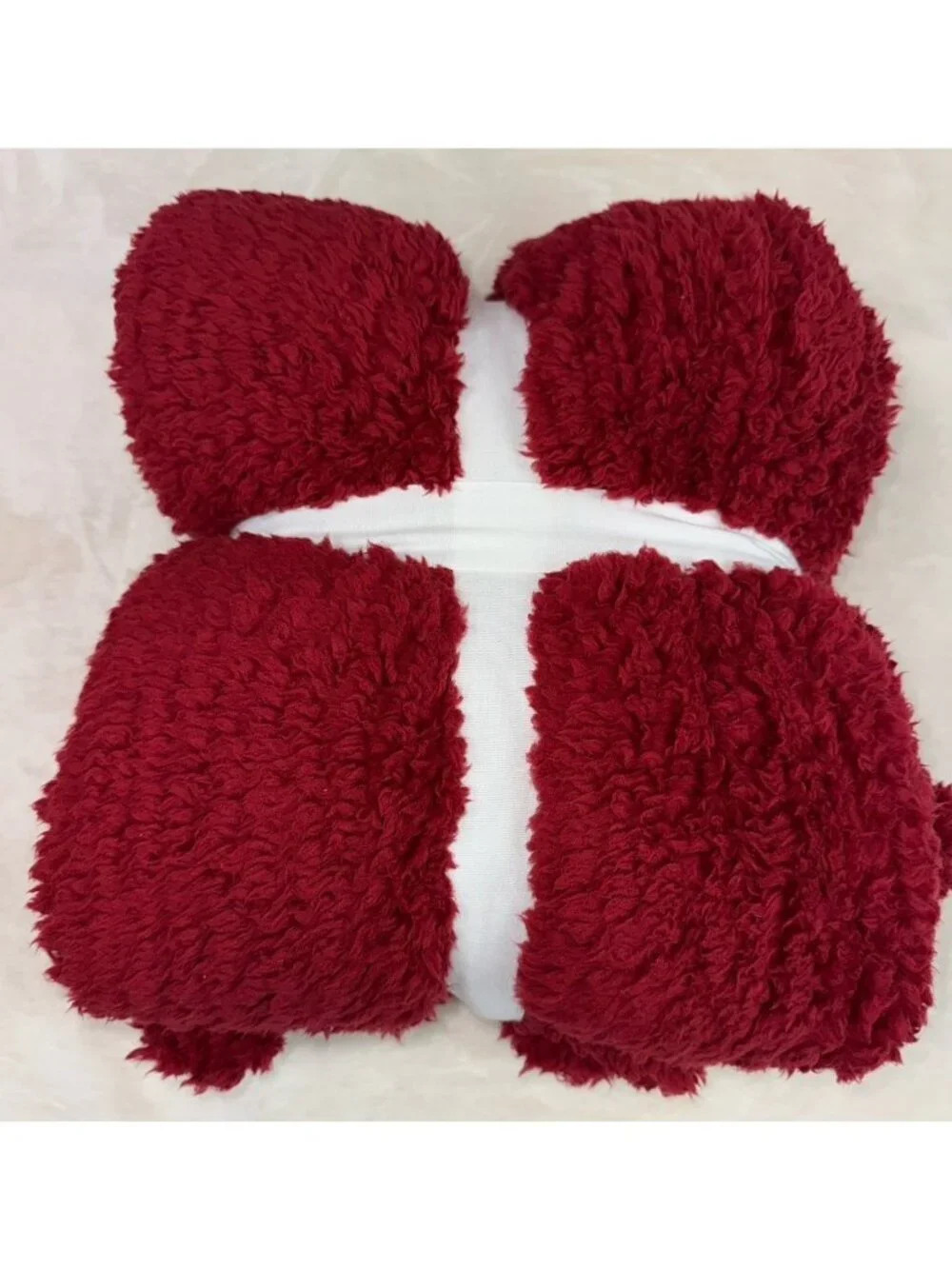 NEW POTTERY BARN Cozy Pom Pom Knit Sherpa Faux Fur Throw Blanket 50x60 Red